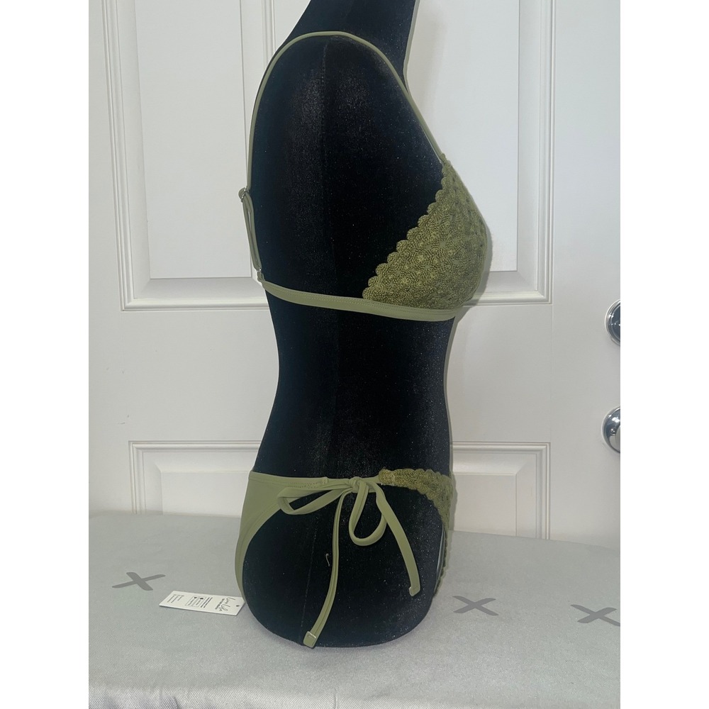 Cupshe Olive Green Crochet Lace Scallop Triangle Summer Bikini Set NWT Sz S - Picture 2 of 6
